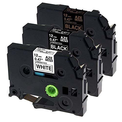3 Pack 1/2 Inch Label Maker Tape TZe-231 TZe-334 TZe-335 Equivalent to Brother P-Touch TZe Tape 12mm 0.47 Laminated White/Black Labels Compatible with PT-D210 PT-H100 PTD400AD