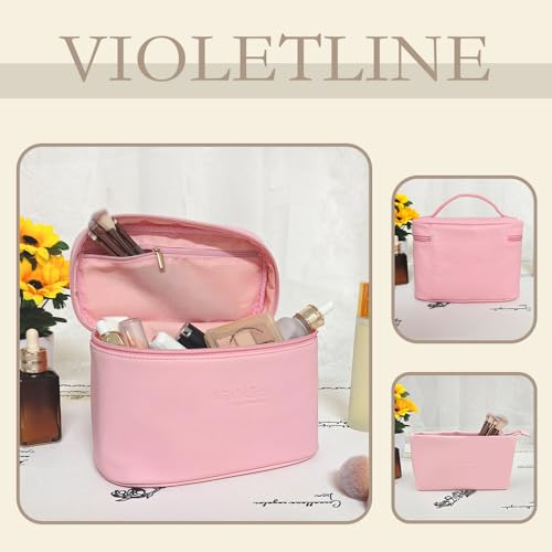 Travel Cosmetic Bag for Women, PU Leather Cosmetic Bag Set of 2, Waterproof, Large Makeup Bag with Handle (Light pink makeup bag)4