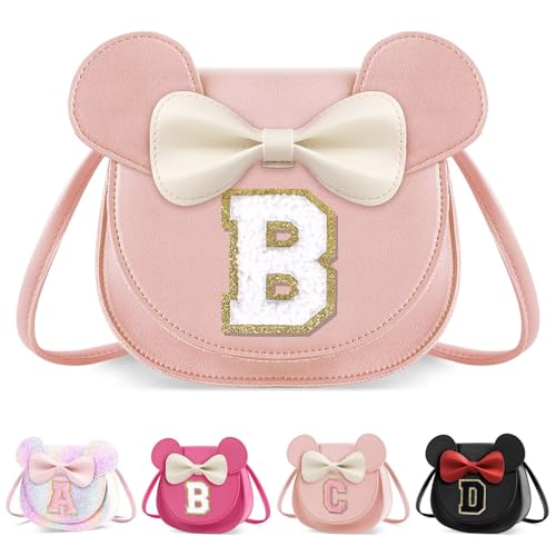 XSUIOY Toddler Purse Girl Wallet for Kids 2-9 Year Old Birthday Gifts,Cute Mouse Ear Bow Crossbody Shoulder Purses,Personalized Initial Purse Toddler Wallet Gifts for Little Girl(pink_B)