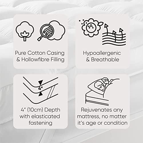 Lancashire Textiles Extra Thick 4 Inch Mattress Topper | Sleep On A Cloud Hollowfibre Filled 100% Cotton Extra Thick Mattress Topper | 230 Thread Soft Mattress Topper British - King size