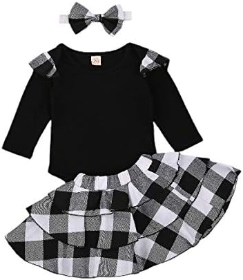 Toddler Kids Baby Girls Christmas Outfits Ruffle Sleeve Tops Blouse Plaid Suspender Skirt Overall Clothes Set Plaid Outfits 0M-6Y (0-6M, A Black White)