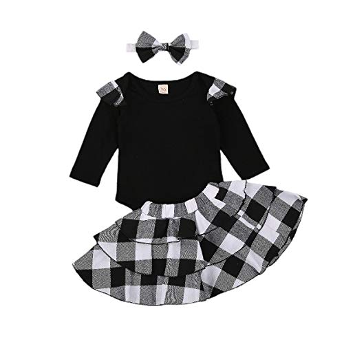 Toddler Kids Baby Girls Christmas Outfits Ruffle Sleeve Tops Blouse Plaid Suspender Skirt Overall Clothes Set Plaid Outfits 0M-6Y (0-6M, A Black White) #TOP27