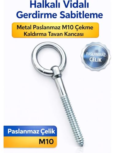 M10 Halkalı Vida Tavan Kancası; Paslanmaz Çelik, 7,5 cm Uzunluk, Salıncak, Hamak ve Boks Torbası Montajı için