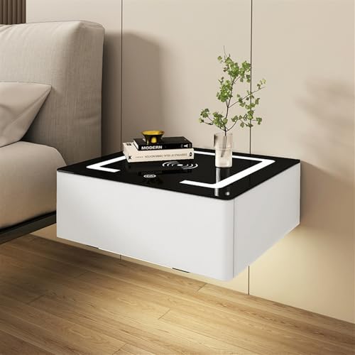 Mesilla de noche , Mesita de noche flotante de madera maciza, mesita de noche pequeña, mesita de noche moderna con carga inalámbrica, luz nocturna inteligente y superficie de cuero de microfibra(White