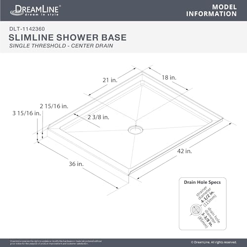DreamLine SlimLine 42 in. D x 36 in. W x 2 3/4 in. H Center Drain Single Threshold Shower Base in White by DreamLine - Image 6