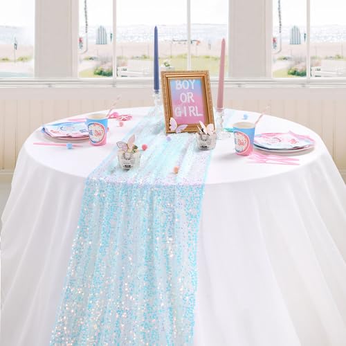 Chemin de table à paillettes bleues irisé pour table rectangulaire bébé requin de fête - 7