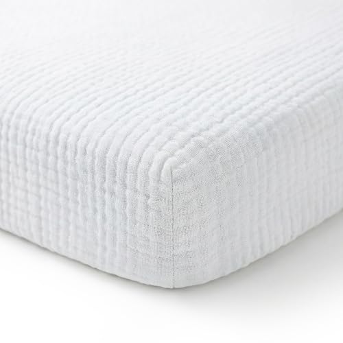 Image of Muslin Mini Crib Sheet (38 inchx24 inch), 100% Cotton Cover, Breathable & Soft Mattress Pad, Boho White for Boys Girls(1 Pack)