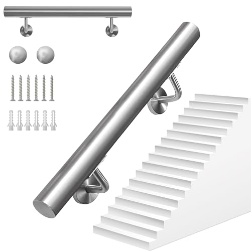 OUUTMEE 50CM Main Courante pour Escaliers en Acier Inoxydable, Rampe d'Escalier Murale avec Supports, Intérieure/Extérieure Main Courante pour Escaliers, Grenier, Porche, Garage et Terrasse (Argent)