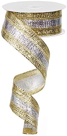 Metallic 3 in 1 Wired Edge Ribbon,1.5 x 10 Yards (Gold, Silver, Gold)
