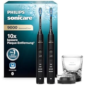 Philips Sonicare DiamondClean 9000 elektrische Zahnbürste, Schallzahnbürste mit App, Andruckkontrolle, 4 Putzmodi, 3 Intensitätsstufen, Ladeglas, Schwarz, Zweierpack, HX9914/54