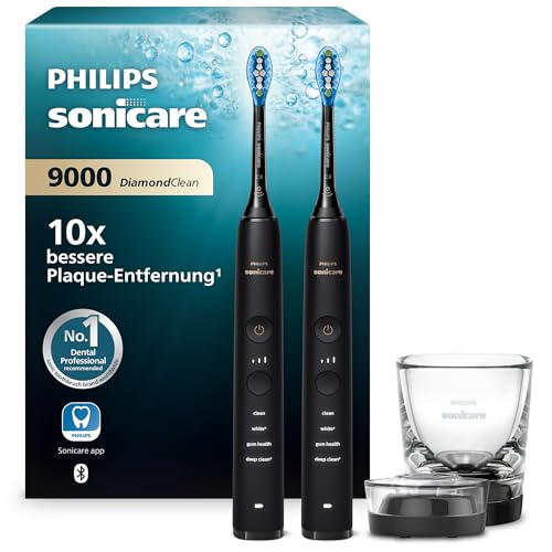 Philips Sonicare DiamondClean 9000 elektrische Zahnbürste, Schallzahnbürste mit App, Andruckkontrolle, 4 Putzmodi, 3 Intensitätsstufen, Ladeglas, Schwarz, Zweierpack, HX9914/54