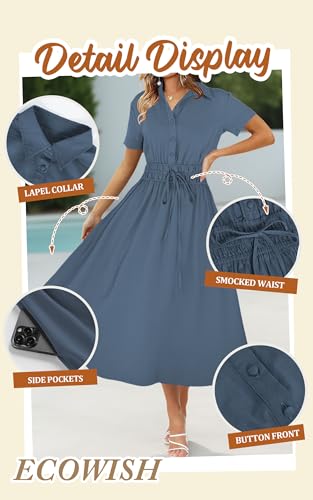 ECOWISH Womens Midi Dress Summer Spring Short Sleeve Button Front Casual A Line Maxi Shirt Dresses with V Neck Pockets 20253