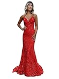 Red Prom Dress Mermaid Lace Tulle Long Formal Dresses for Women Sparkly Evening Gown Size 6
