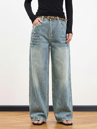 Image of EMMIOL Women Hip Hop 90s Vintage Baggy Jeans Denim Pants Mid Waist Jeans