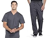 Men Scrubs Set Workwear Professionals WW695 V-Neck Top & WW190T Tapered Leg Fly Front Cargo Pant, Pewter- S Top/S Tall Pant