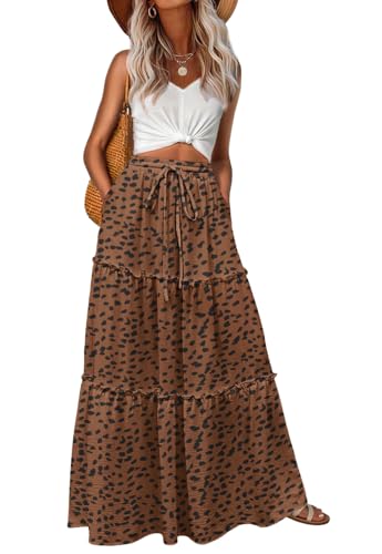 Image of Lepunuo Womens Casual Boho High Waisted Flowy Maxi Skirts Tiered Floral Long Skirts with Pockets for Summer Beach Vacation