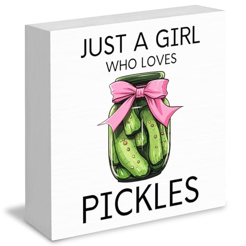 RUNMESS Pickles Decorations Wooden Sign, Coquette Pink Bows Wood Box Signs, Just A Girl Who Loves Pickles Table Signs, Pickles Lovers Decor, Pickles Office Desk Sign Decor, 5x5 Inch
