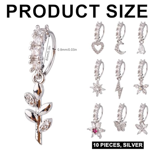 10 Pcs Dangle Nose Stud Rings Hoops, Copper Dainty Star Moon Heart Leaf Flower Dangle Butterfly Nose Hoop Piercing Jewelry for Women Fashion Accessories(Silver)2