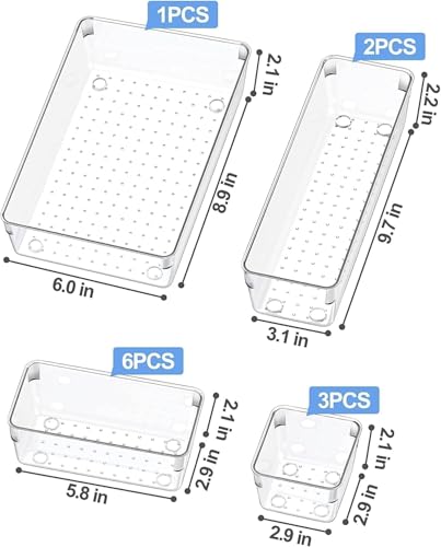 Image of Clear Plastic Drawer Organizers Set, 4-Size Versatile Bathroom and Vanity Drawer Organizer Trays, Storage Bins for Makeup, Bedroom, Kitchen Gadgets Utensils and Office (12 PC NEW SET)