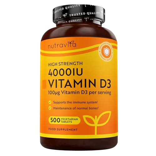 Nutravita Vegetarian Vitamin D 4000 IU - 500 Micro VIT D Tablets for 16 Months of Supply - VIT D3 for Immunity Bones & Muscles - High Strength Vitamin D Tablets for Men & Women - Made in The UK