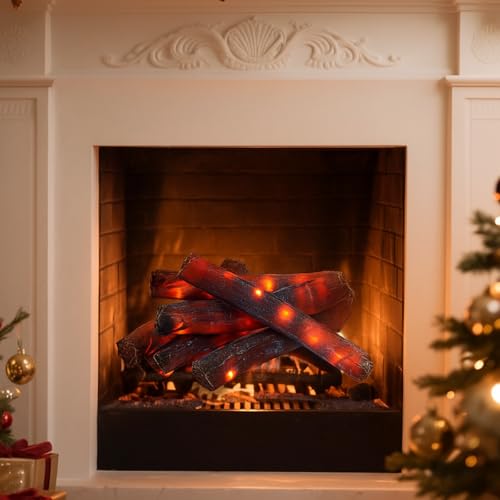 Tuanse 6 Pcs 13 in Flameless Fireplace Log Light Fake Fire Flame Camping Decoration Flameless Fireplace LED Light Fake Fire Log for Home Christmas Winter Indoor Outdoor Party Decor
