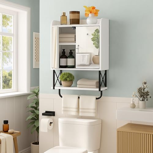 MYXSRI Armario de Pared para Baño, 3 Niveles de Almacenamiento con 2 Puertas Estilo Granero, 2 Espejos, Barra para Toallas para baño, Sala de Estar, Lavadero,41 * 18 * 63cm...