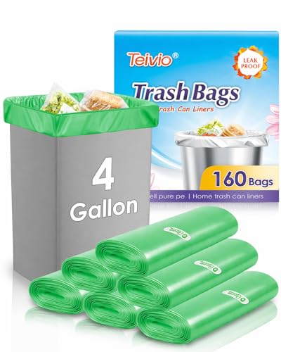 Image of Teivio Small Trash Bags 4 Gallon 160 Counts Garbage Bags, Bathroom Trash Can Bin Liners, Small Plastic Bags for home office kitchen, fit 12-15 Liter, 3,3.5,4.5 Gal, Green