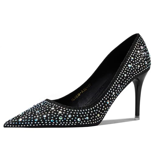 GOSERCE Rhinestone Heels Dressy Women's Stiletto Pointed Toe Pumps Mesh High Heel Pumps Fashion Prom Wedding Evening Party Shoes