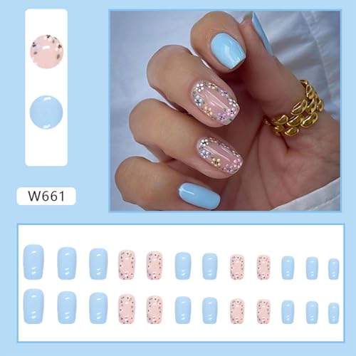 Image of Blue Press on Nails Medium Square Fake Nails with Colorful Flower Design Glossy Glue on Nails Nude Full Cover False Nails Artificial Acrylic Nails Stick on Nails for Women Girls Manicure Art 24Pcs