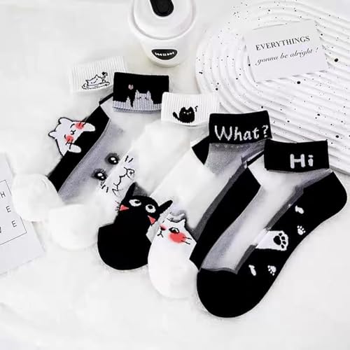 Image of Women Sheer Mesh Ankle Socks Thin Nylon Transparent Novelty Black White Cat Sock 5 Pack for Girls