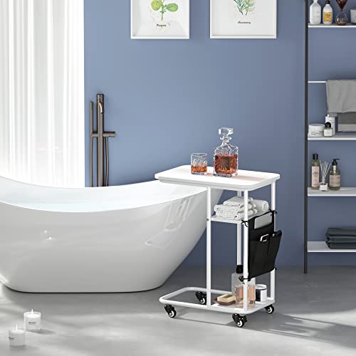 Tantmis C Table End Table With Wheels, Small Side Table With Shelf, C Shaped Sofa Table With Metal Frame, Couch Tables That Slide Under With Storage Bag For Living Room, Bedroom, White #TOP1