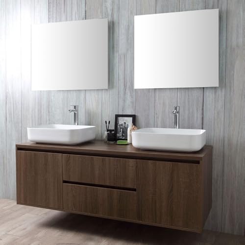Kiamami Valentina - Mobile bagno sospeso 150cm noce scuro 2 lavabi appoggio e 2 specchi | Siena