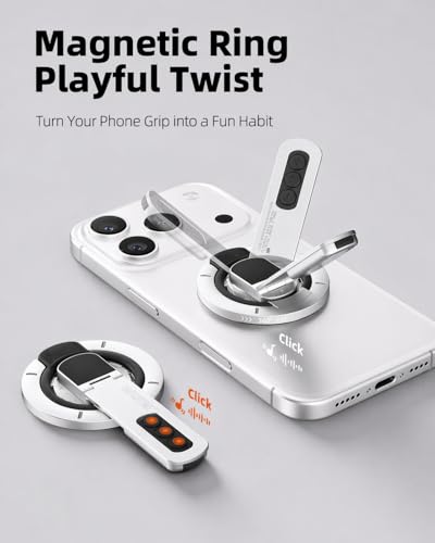 Image of RIGGEAR Magnetic Phone Grip and Stand for MagSafe Phones Cases, 3in1 Magnetic Finger Ring Holder with Double Sided Magnet, Fidget Buttons, 360 Rotation Magnetic Gym Phone Stand (Glacier White)
