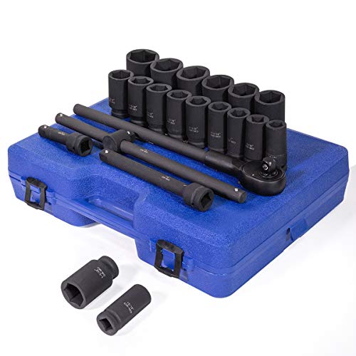 Stark USA 22-Pieces 3/4 Inch Drive Deep Impact Socket Set Cr-Mo Steel SAE Socket Extension Bar Sliding T-Bar (7/8" to 2" inch) with Carrying Case
