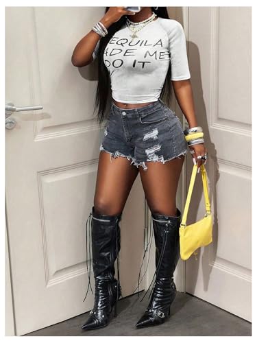 Image of RoseSeek Women's Sheer Mesh Letter Graphic Tees Short Sleeve Crew Neck Y2K Vintage Summer Going Out Crop Tops