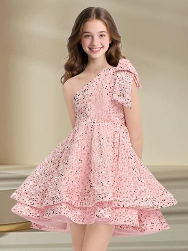Sequined Girls' Special Occasion Dresses Short Flower Girl Dress One Shoulder Fancy Party Tutu Dresses for Teens3