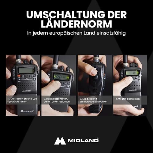 Midland Alan 42 DS CB-Handfunkgerät mit Multiband AM/FM, tragbares CB-Funkgerät mit Zubehör & digitaler Rauschsperre, für alle EU-Länder, schwarz