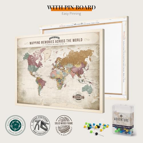 Image of DECORARTS - World Travel Map with Pins, Pin Board Canvas Wall Art, Soft Vintage Pastel World Maps for Wall, Giclee Print on Canvas, Handcrafted in USA, 20x16''
