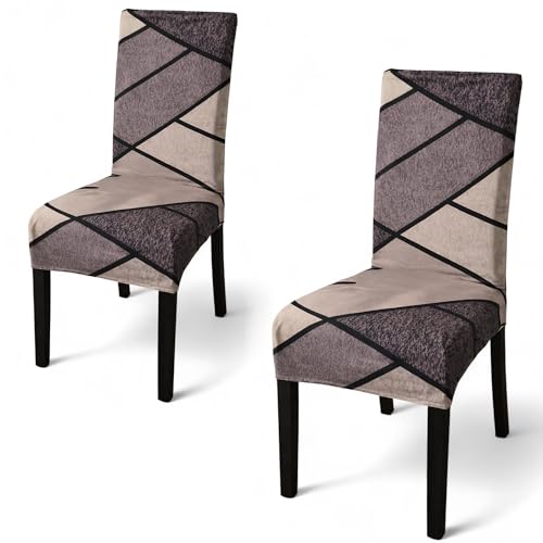Image of Dining Chair Covers Set of 2, Stretchable Removable Washable Anti-Slip Universal Fit Printed Polyester Spandex Slipcovers (Beige & Mauve Geometric)