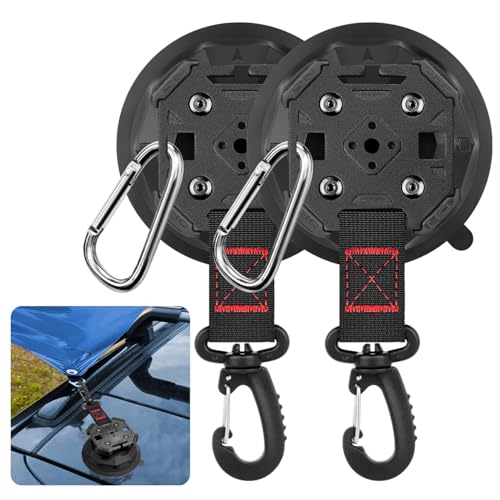 2PCS Upgrade Heavy Duty Rotating Vacuum Suction Cups Anchor Hooks With 2PCS Buckles ,Large Hook Suction Cup Hangers,Strong Suction Cup Hook for RV Awning Camping Outdoor,Window Suction Cups With Hook