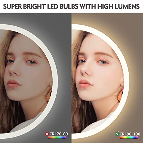 prifayer Round Vanity Mirror 24 inch LED Backlit Bathroom Mirror with Motion Sensor Dimmable Lights(Warm/Cold/Natural) Memory Function Wall Mounted Fog Free Makeup Mirror, IP67 Waterproof, CRI>95… - Image 6
