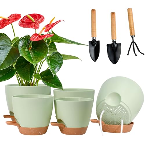JNEYVIC 8 PCS Macetas con Sistema Autoriego, Macetas con Riego Automático Verde, Maceta con Plato y Herramientas de jardinería, Maceta Decorativa para Interior, Balcón y Jardín-17,7/16,5/15/14/12,7cm