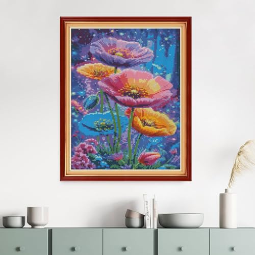 Image of MYBISYMQQ Dreamy Starry Sky Floral Cross Stitch Kits for Adults Beginners - 11CT Stamped Flower Embroidery Kit, DIY Pre-Printed Needlepoint Patterns for Home Wall Art Decor, 15.7x11.8 Inches