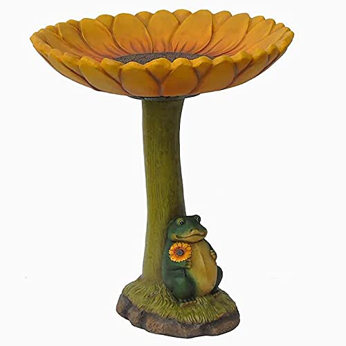 Cuenco de baño para pájaros de poliresina de 7.87 pulgadas para jardín, decoración hecha a mano de rana de girasol, baño de pájaros en forma de árbol grande, pedestal marrón, regalos hechos a mano