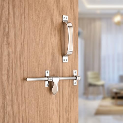 Image of COMPASS Paan Stainless Steel Heavy Single Door Fitting Accessories Full Set /Kit (1 Aldrop, 1 Latch, 2 Handles, 1 Tower Bolt and 1 Door Stopper | 10 inch | SS Finish