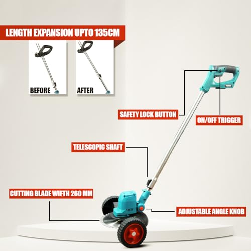 Image of Omada Cordless Electric Grass Cutter Machine - Adjustable Height and Portable Garden Lawn Trimmer - 21V 7800RPM - Weed Cutter - 2 pcs 21V 5.0Ah Rechargeable Battery