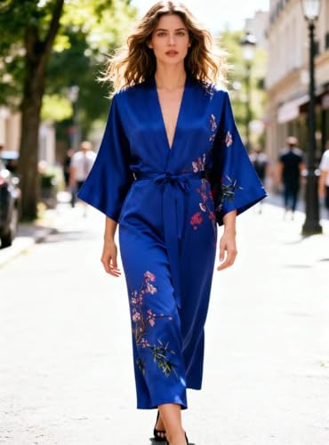 Image of Women's Classic 100% Silk Kimono Robe, Bathrobe-Printed Pattern