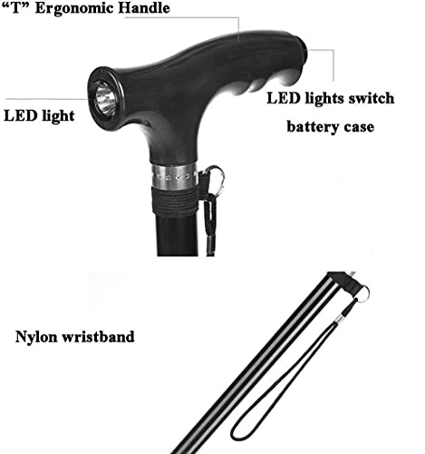 Szybka do spacerów/kule aluminium aluminiowe laski chodzące z LED Ergonomic Embon 10 Regulowane poziomy wysokości dla starszych mężczyzn lub kobiet niepełnosprawnych laski w kolorze czarnym z 4