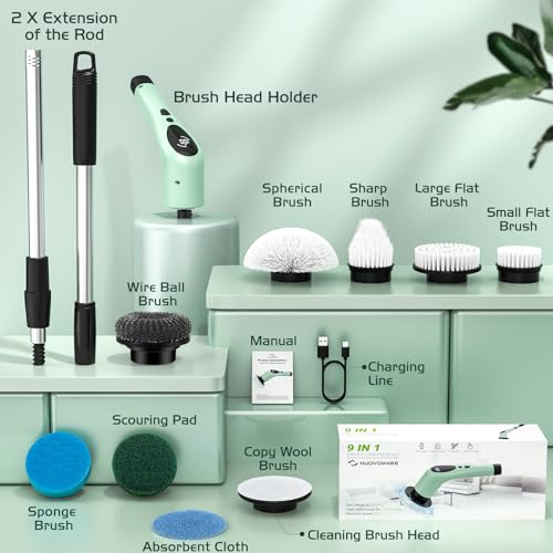 Image of Nuovoware Electric Spin Scrubber,550RPM Cordless Cleaning Brush with Three Speeds, 3000mAH Bathroom Shower Power Scrubber with 9 Brush Heads, Electric Scrub Brush for Tile, Tub, Floor,Voice Broadcast