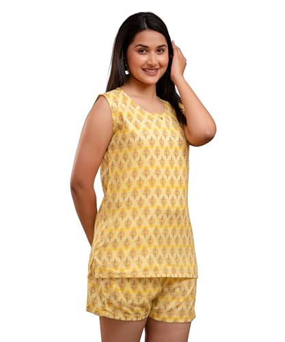 Image of Women's Cotton Printed Night Suit Set of Top & Shorts Sleeveless Women's Lounge Wear Set